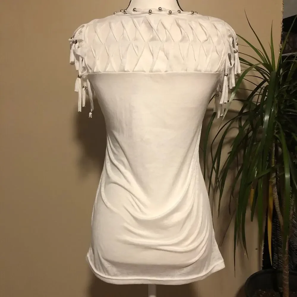 Fringe and Beads Blouse Top Tee Shirt T-Shirt Mür Mür White V-Neck Size S - Picture 6 of 12